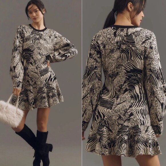 By Anthropologie 3/4 Sleeve Ruffled Sweater Knit Dress size S new nwt black - Picture 1 of 5